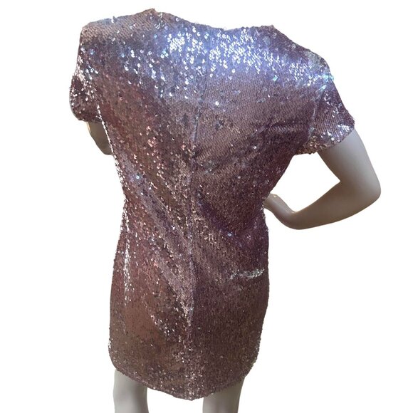 NWOT Rose Gold short sleeve sequin mini swing shift dress; SZ M; Nude Lining - Picture 2 of 8